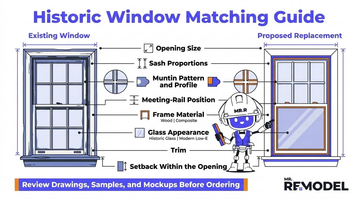 Existing and proposed historic windows compared by size, proportions, muntins, meeting rails, materials, glass, trim, and setback.